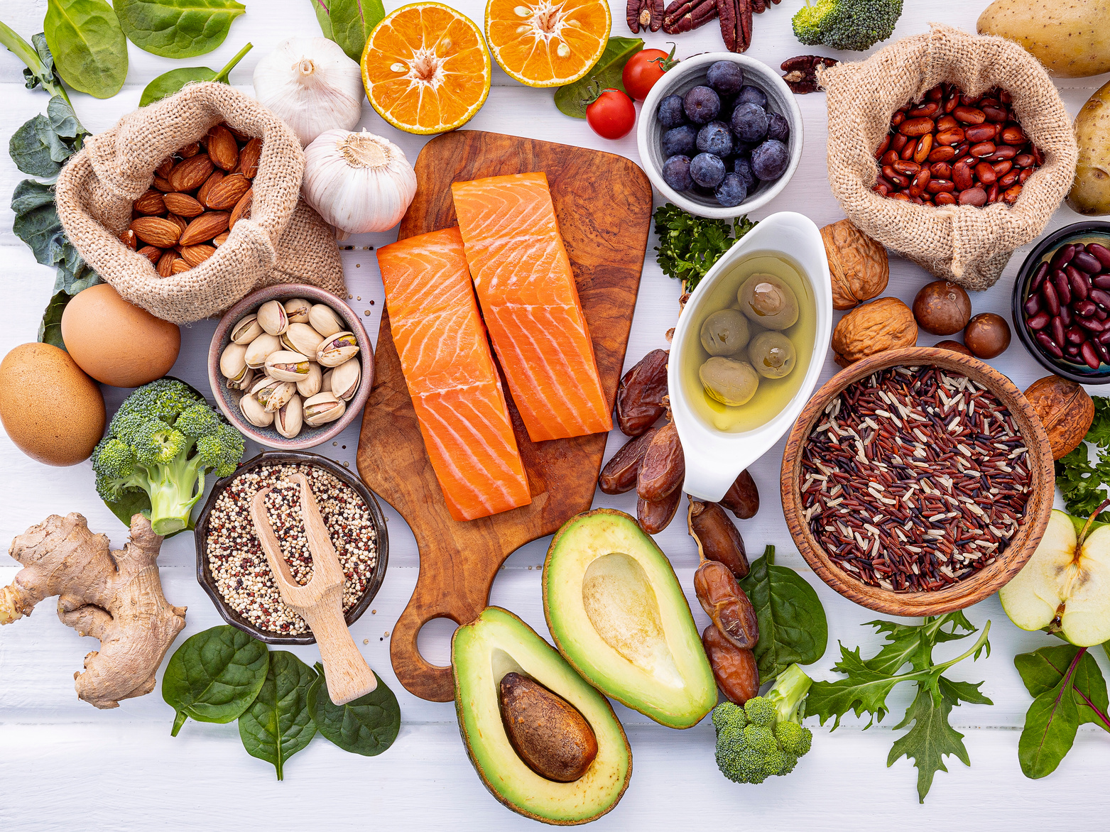 Assortment of Raw Meat, Vegetables, and Fruits 