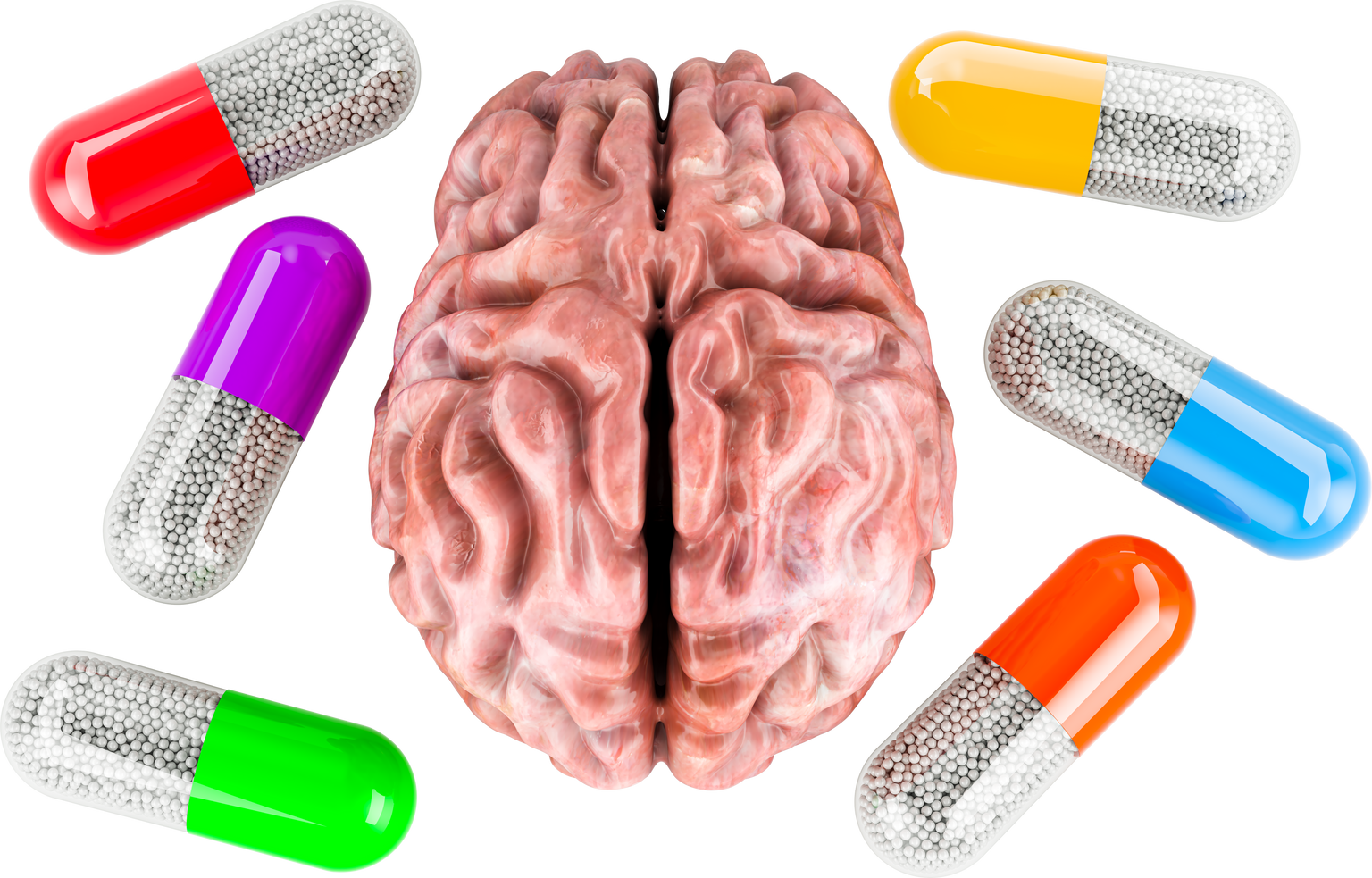 Human brain with medicine capsules. Drug for Brain Diseases, concept. 3D rendering isolated on transparent background